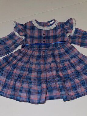 VINTAGE plaid dress PINK & BLUES eyelet lace 2T 24mo